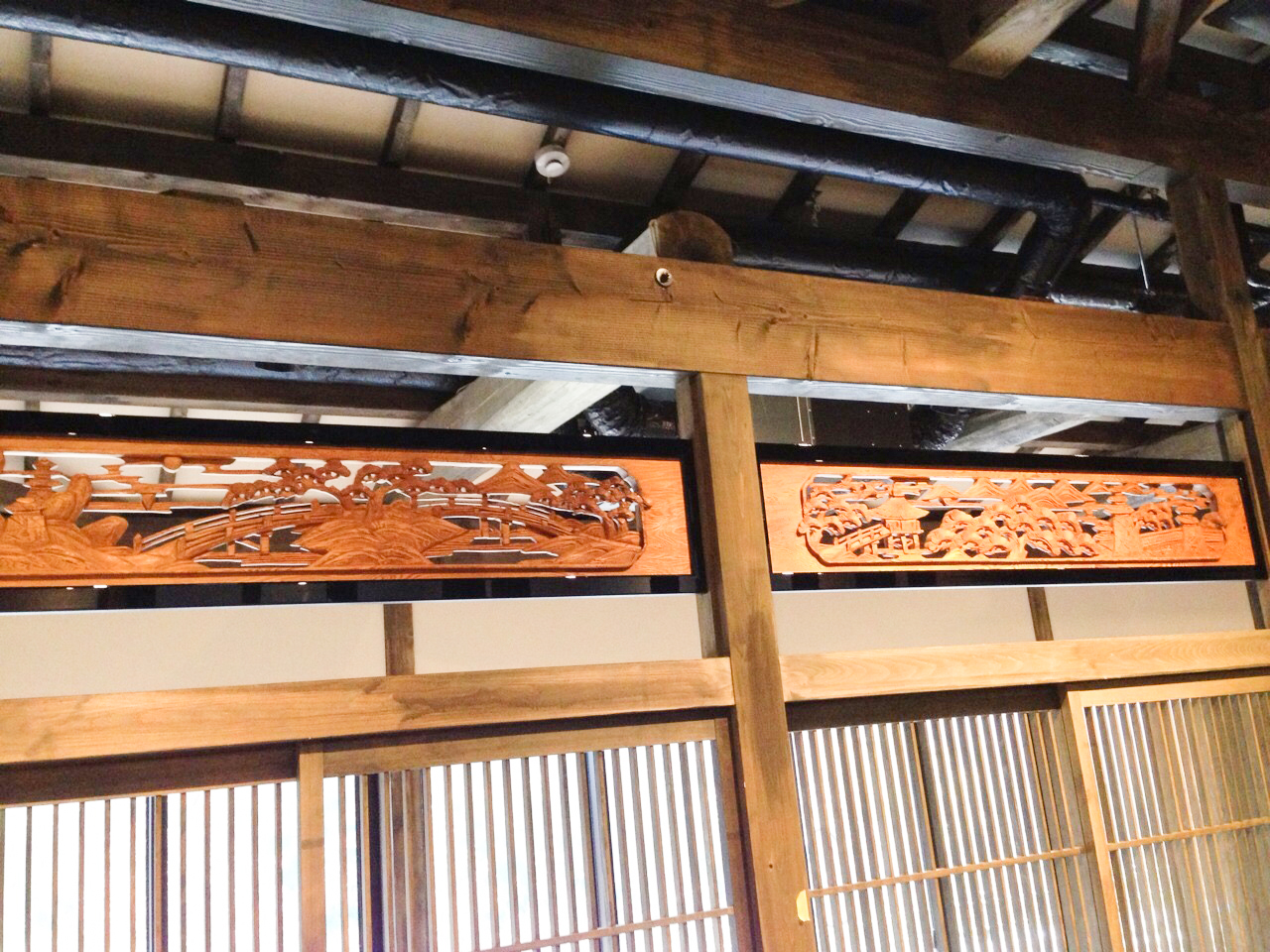 鶴　彫刻　欄間　肉厚　木彫り　寺院　仏閣　アンティーク　骨董品 寺院系 吉田楳堂 花鳥木彫欄間 R0521｜骨董店 のびる 古美術